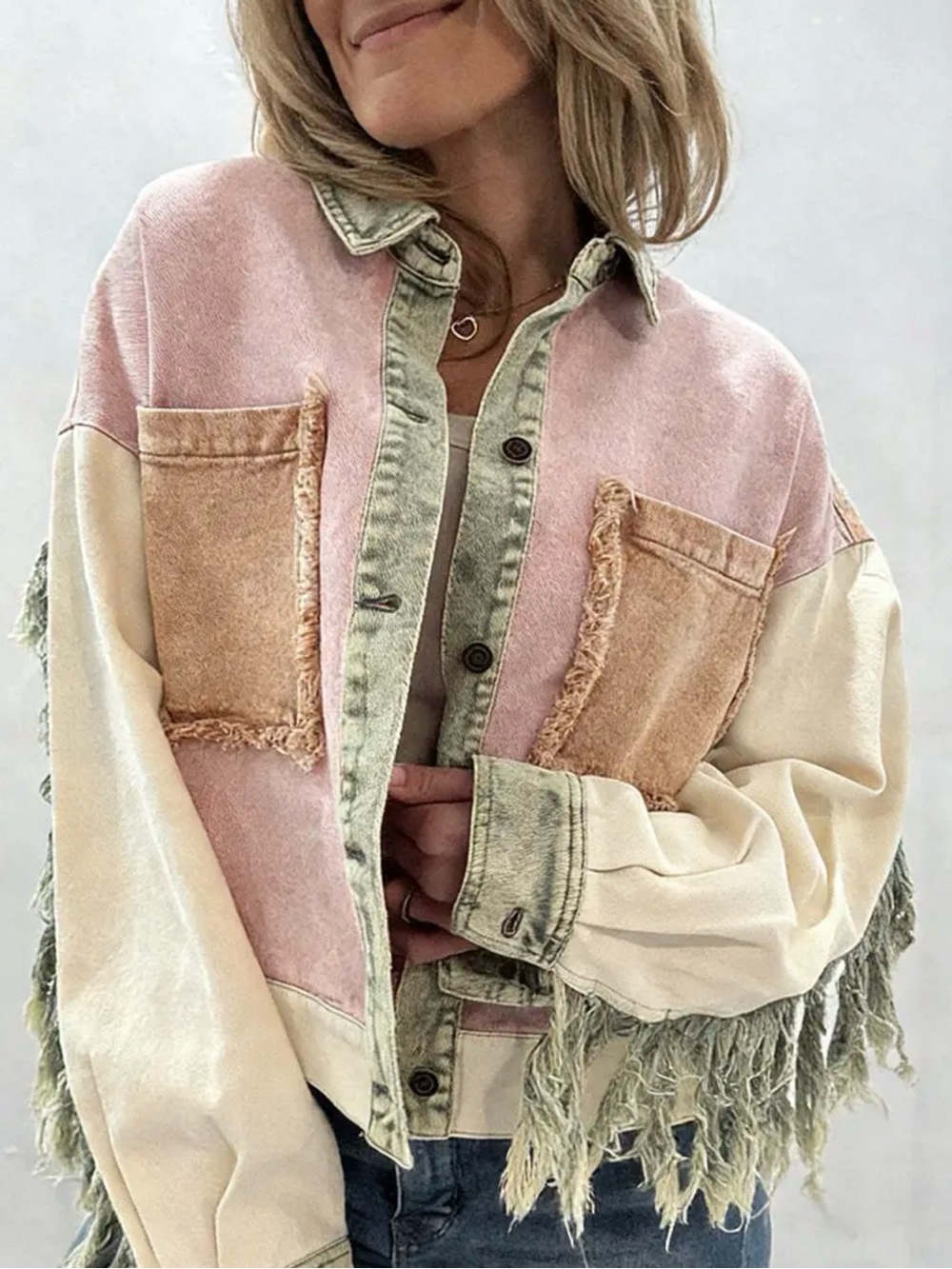 Womens Colorblock Fringe Denim Jacket - Pink Cream